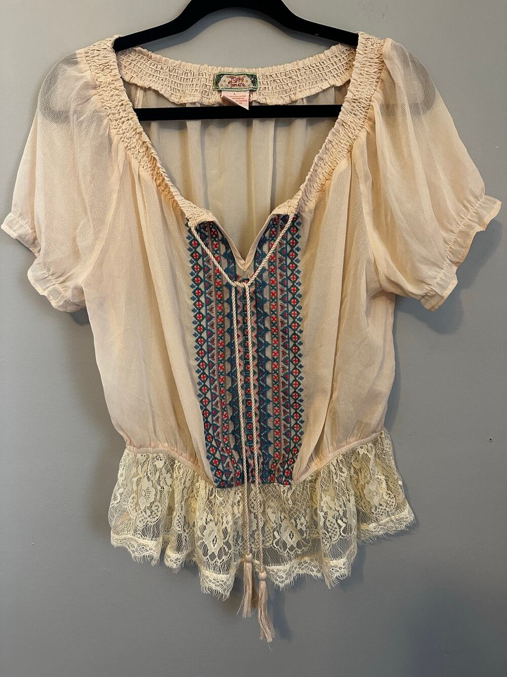 Flying Tomato Boho Lace Peasant Top Embroidered Festival L